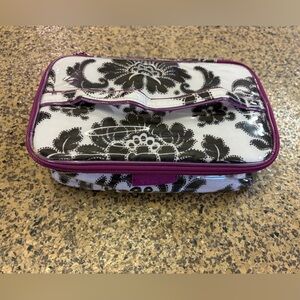 Modella Black and White Floral Cosmetic Bag with Purple Trim